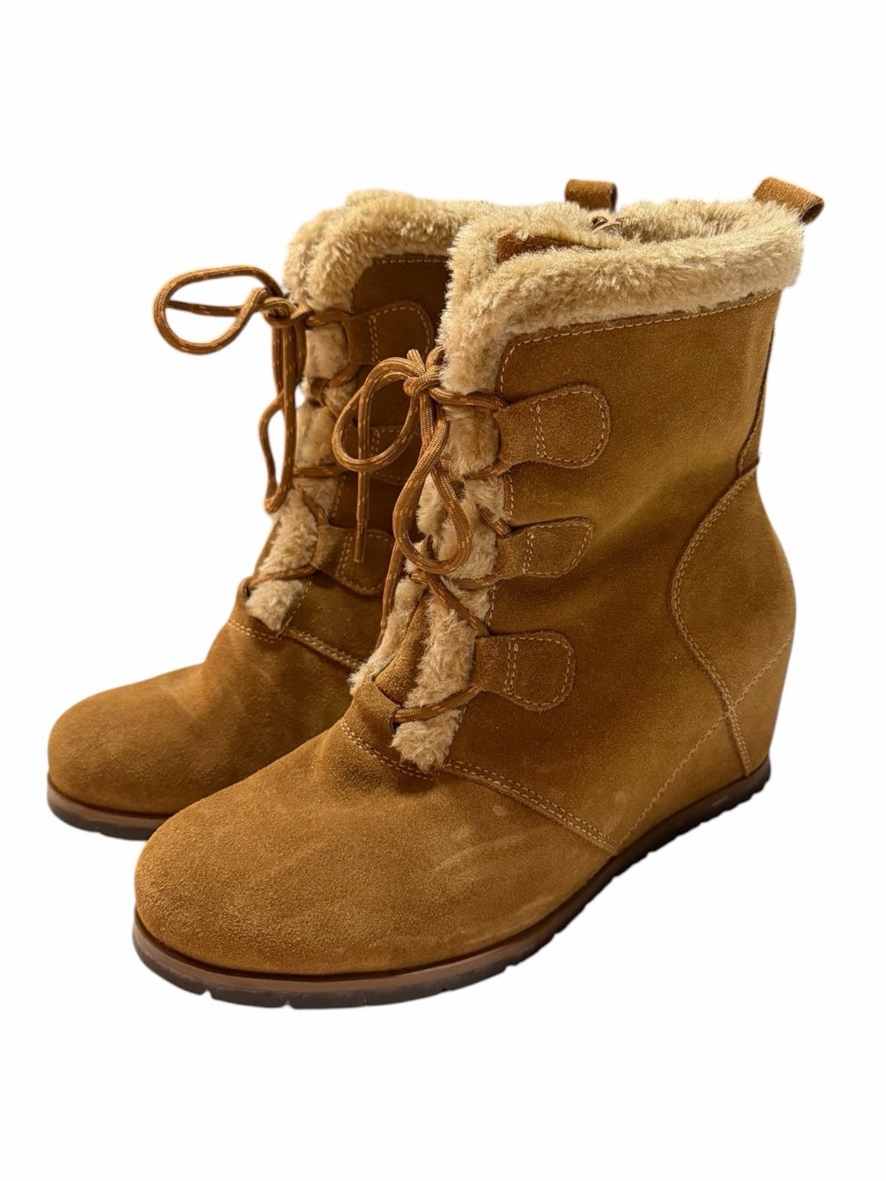 Baretraps "Bonnie" Tan Suede Faux-Fur Wedge Boots Size 7.5